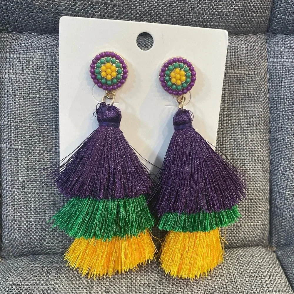 Mardi Gras Tassle Emblezzed Earrings - Picture 3 of 3